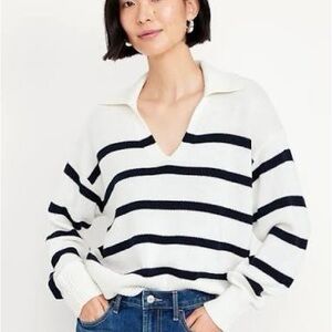 Old Navy Polo Sweater Striped Long Sleeve Cotton White & Blue XXL